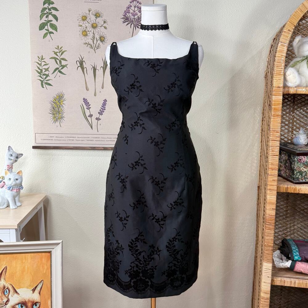 Vtg 90s Y2k Black Velvet Floral Dress Romantic Goth Whimsigoth Sexy Dark Fairy L